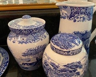 Lot 620. $50.00 More blue and white Spode, Colander and 3 spheres, pitcher, cake plate lidded jar and one unmarked lidded jar