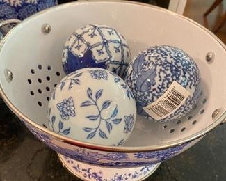 Lot 620. More blue and white Spode, Colander and 3 spheres, pitcher, cake plate lidded jar and one unmarked lidded jar