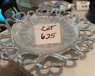Lot 625.  $28.00 Large Silver Metal Round Platter Heart Shaped Border by Inspired Generations and glass scalloped edge sunflower plate. 17" dia. 