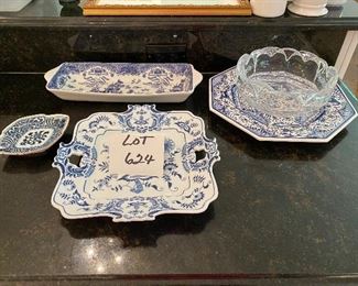Lot 624.  $48.00  Blue Danube tray with reticulated handles. Small dish, oblong bowl with 2 handles (blue willow), clear glass bowl, and octagon platter (made in Portugal).