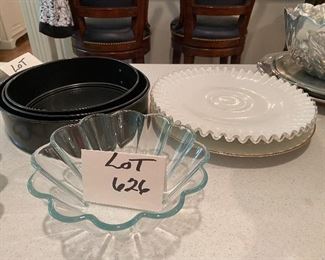Lot 626. $22.00  6 pc Lot: 3 Graduated size Spring Form Pans, 1 Scalloped Edge Footed Cake Plate by Fenton (so pretty!)  and Ralph Lauren Platter