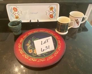 Lot 631. $25  Oblong Scandinavian Platter, Tole Painted Plate, "Var sa God" Tile, Mortar & Pestal, two mugs (one from Harrod's) and one from Pottery Barn