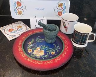 Lot 631.  $25.00 Oblong Scandinavian Platter, Toll Painted Plate, "Var sa God" Tile, Mortar & Pestal, two mugs (one from Harod's) and one from Pottery Barn