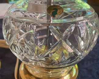 Lot 635. $25. Two small lamps - one 17" Waterford crystal lamp (shown here) ; shade is nice but needs a cleaning; the other lamp is glass made to look like crystal with a brass colored base 12.5" tall, small spots on the shade as well.