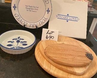 Lot 640.  $30. 3 cheeseboards, or cutting boards (one by Dansk, One by Studio Nova, One unsigned, One You are loved Plate w/box, 10-3/4", Cute quiche dish 8.65" diameter. 