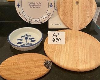 Lot 640.  $30.  3 cheeseboards, or cutting boards (one by Dansk, One by Studio Nova, One unsigned, One You are loved Plate w/box, 10-3/4", Cute quiche dish 8.65" diameter. 