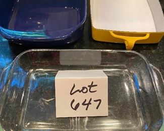 Lot 647. $25.00.  3 Baking Pans - one clear Pyrex 2 qt., One Bright Blue Chantal Oval shape 13x9.25, and One bright yellow 14x8" by Dansk Design of France.