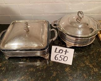 Lot 650. $40.  2 Gorgeous Silver Plate Covered AND footed serving bowls with pyrex or similar glass inserts.