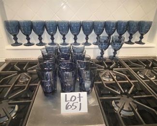 Lot 651.$50.  14 Libby blue goblets and 12 Libby smoky blue tumblers - gorgeous.