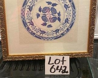 Lot 642. $45.00. Pretty Framed Art depicting Blue & White Plate with gold frame - 17-1/4" square. 
