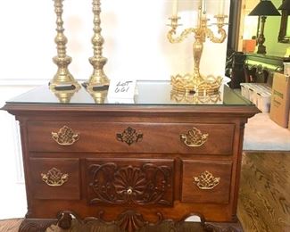 Lot 661 $425.00 Councill Craftsmen, 4 drawer chest solid Mahogany French Chippendale Style with glass topper. Beautiful woodwork accents, ball and claw feet. 35"W x 20"D x 32"T