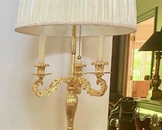 Lot 663. $400.00. STUNNING. Chapman brass table/desk lamp.  double pull lights. 28"t by 9: diam base.  The shade is 15" diameter. 