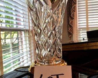 Lot 696. $225.  Waterford Crystal Lamp with White Shade	22" H Shade 14" Diameter