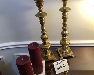 Lot 662 $60.00  Veryery nice pair of brass candlesticks, 19.5"T.  Made in India