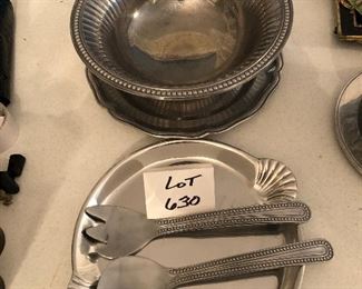 Lot 630. $25.00. 5 Piece Lot:  Wilton Industries bowl (14.5" Diam & 4.5" Tall, Set of Salad Servers, Wilton Armetale 14.5" 2 handled Platter and 14" Round Platter