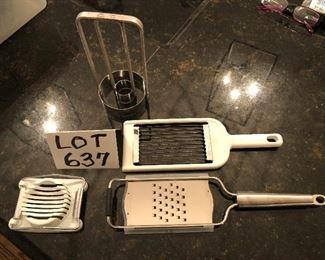 Lot 637. $9.00. 1 Cheese slicer, one grater, 1 egg slicer, one donut or biscuit cutter