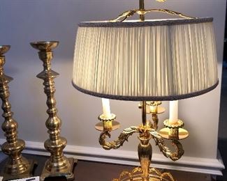 Lot 663. $400.00  Stunning Chapman brass table/desk lamp.  double pull lights. 28"t,9: diam base.  Shade is 15" diameter