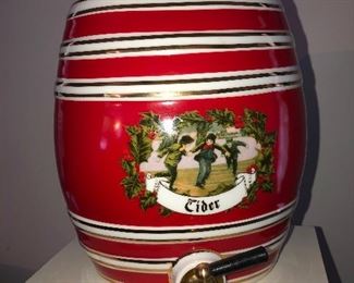 Lot 882. $70.00.  Sweet Two's Company Ceramic & Brass Red CIDER Dispenser (no mugs found).  10"