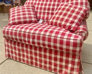 Lot 46  $175.00. Stanford Furniture Red buffalo Plaid Loveseat & 2 pillows 48"w x 34" deep x 38"tall.  Seat  height 20.5" This piece will brighten any Room. We sold this in phase I and we received a call on pickup day they were couldn't complete the purchase, so let's give it another go! 