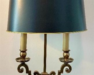 Lot 95  $55.00   Brass Lamp with black shade, unbranded, holds 2 Bulbs. 31" x 10" deep x 16" wide 