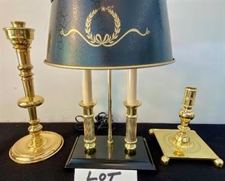 Lot 101. $125.00  Bouillotte Double Candlestick Lamp  (by Baker, Knapp, + Tubbs) with Black adorned shade 16" x 10", 2 Brass Candlestick Holders by Baldwin - 12.5" x 5.5" and 7" x 5.5"
