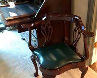 Lot 670B. $375.00 The coolest, Statton Corner Arm Chair.  Mahogony and green leather seat. This was purchased to go with Secretary.