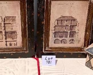 Lot 781. $45.00  Cute Pop Art-ish/Architecture Lot! 2 Framed architectural!art, each measures 22" x 18". 3 Covered tall boxes, black and cream, 21", 15" and 9" from Honduras.