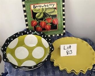 Lot 813  $$25.00 Cutest set of summer serving pieces.  Strawberry Plate, (my fave!) Polka Dot Salad Bowl, Sweet citron scalloped cookie plates!