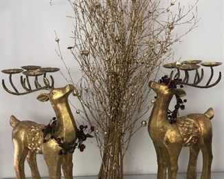 Lot 822  $20.00 Set of two gold reindeer with Candleholder antlers, 19" tall 12"bundle of gold decorated branches (36" tall).