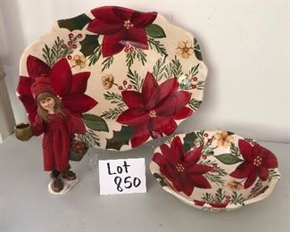 Lot 850.  $22.00.  Christmas platter (18x14) and salad bowl (11 dia). Sweet girl statue candy from Norway. 