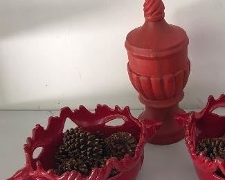 Lot 836 (NOT 852).  $28.00.  2 Red Stag Bowls with pinecones and 1 red decor piece.  