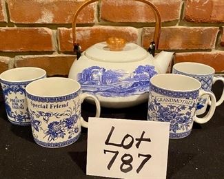 Lot 787. $26.00  Metal Blue & White Teapot with wood handles and 4 assorted mugs