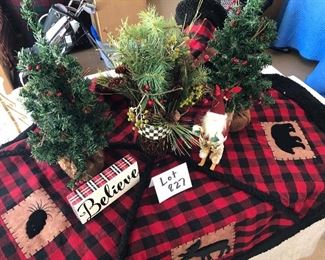 Lot 827. $28.00. Rustic Christmas Lot  tree skirt (44"dia), small skiing Santa (9.5"), 2 trees (20" tall), 1 believe plaque, 1 black and white bound bunch