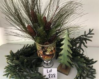 Lot 828. $36. A beautiful footed vase w/deer & acorns (greenery and ornaments, great centerpiece-- Ellie styled) and garland.  Measurements: 11" vase,  29" with greenery,  2x11" garland, 1 green tree resin 16".