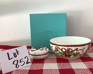 Lot 852. $150.00.  Tiffany Holiday  Bowl(7.5"*3.25"h) Covered Tiffany trinket dish (3.5dia x 2 h) and Tiffany box. Both have a garland design. 