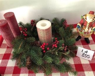 Lot 855.  $22.00.  3 candles (plaid is PB), 19" wreath, 11" Santa with toys.