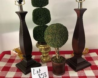 Lot 858.  $50.00.  2 lamps unbranded, no shade, great solid base (5.5x16), 2 topiary, 13", 23")