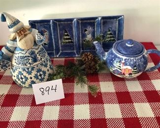 Lot 894.  $68.00. Rare 2004 Jim Shore  Heartwood Creek Blue Quilt 11” Santa Claus Figurine. Divided Appetizer Platter with Christmas image on all four sections, and Cute Christmas teapot.  Nice Lot