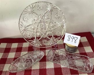 Lot 898  $20.  Two Glass Relish Trays and one Holiday Glass Cookie Platter, round, 13.5"diameter