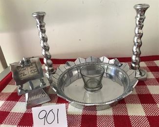 Lot 901. $35.00.  Silverplate chip & dip tray, candle folder, frame by Lisa Jenks. Small pedestal. and 2 candlesticks. 