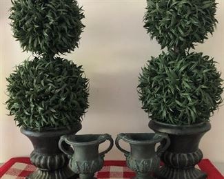 Lot 905.  $46.00.  2 tall topiary in light bases (29"tallx10"wide),  2 small flat-backed vases/urns (8"tall x6"wide) (from hen feathers, heavy).