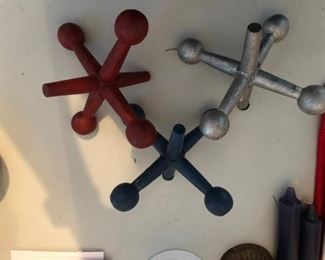 Lot 887 $36.00  Set of Wrought Iron Jacks painted red, blue and silver. 