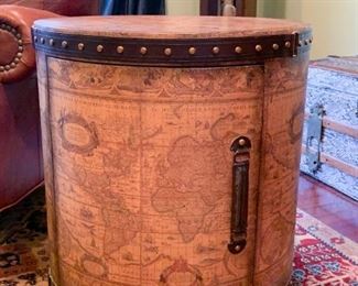 $50 - Barrel Cabinet / Side Table with Storage (map design) - 22" Dia x 24" H