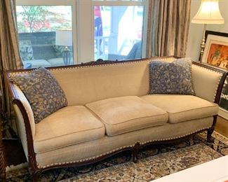 $400 - Elegant 3-Seat Sofa with Carved Wood Details & Neutral Upholstery (75" L x 35" W x 29" H)