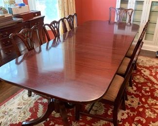 $750 - Duncan Phyfe Mahogany Double Pedestal Dining Table & 8 Chairs, table has 3 leaves (102" L x 44" W x 30" H with 3 leaves as shown, each leaf is 12" wide)