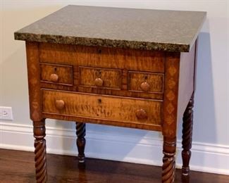 $275 - Burl Wood Side Table with Drawers & Marble Top (24" L x 21" D x 29.5" H)