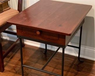 Wood Side Table with Drawer & Metal Base