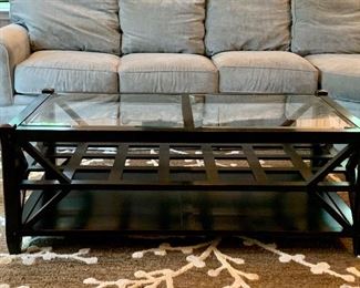 Item 3:  Arhaus glass top coffee table - wood is black - 52" x 30" x 19" tall: $275