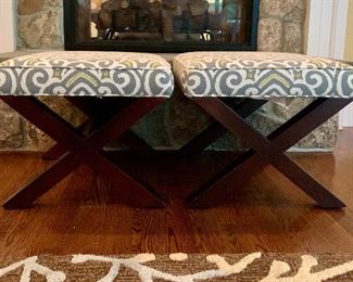 Item 7:  (2) Arhaus ottomans with custom gray, ivory and pale yellow upholstery - 19.5" x 19.5" x 17" tall- some signs of wear on legs - easily remedied: $250/pair 