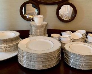 Item 29:  Lenox "Federal Platinum" China Service for 12: $495                                                                                                              12 dinner plates, 12 salad plates, 12 bread plates, 6 small soup bowls, 6 large soup bowls, 12 cups & 12 saucers, 1 creamer & sugar, 1 large platter